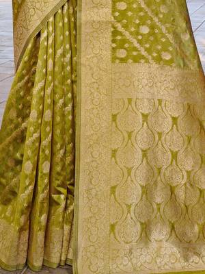 Lime lime green ethnic motifs woven design zari organza saree 5