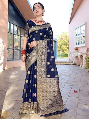 Navy blue ethnic motifs woven design zari detailed organza saree 1