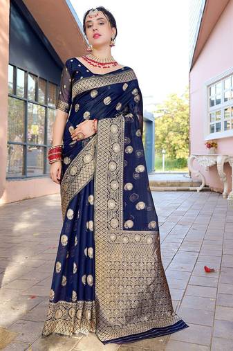 Navy blue ethnic motifs woven design zari detailed organza saree