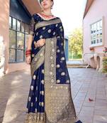 Navy blue ethnic motifs woven design zari detailed organza saree