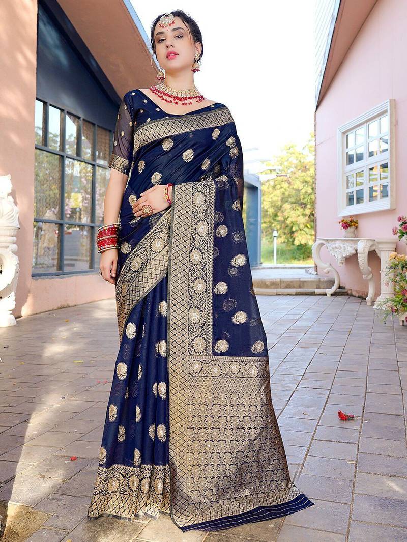 Navy blue ethnic motifs woven design zari detailed organza saree