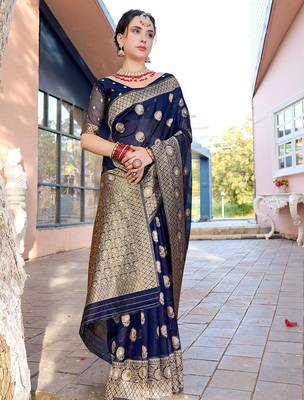 Navy blue ethnic motifs woven design zari detailed organza saree 2