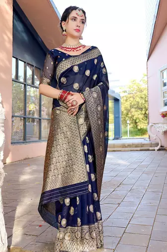 Navy blue ethnic motifs woven design zari detailed organza saree