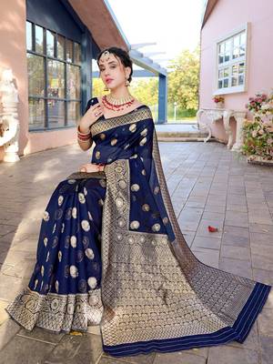 Navy blue ethnic motifs woven design zari detailed organza saree 3