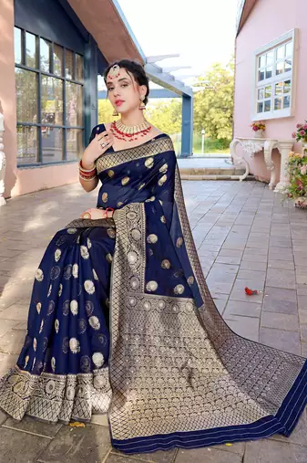 Navy blue ethnic motifs woven design zari detailed organza saree