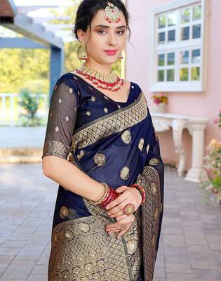 Navy blue ethnic motifs woven design zari detailed organza saree 4
