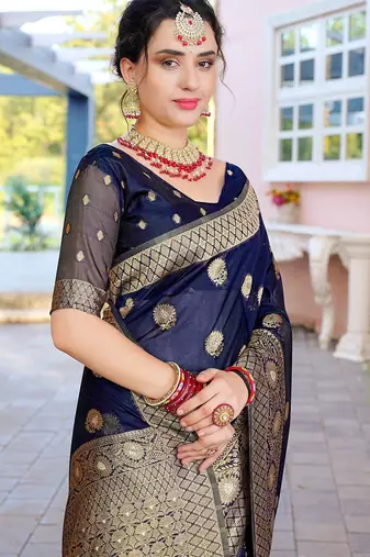 Navy blue ethnic motifs woven design zari detailed organza saree