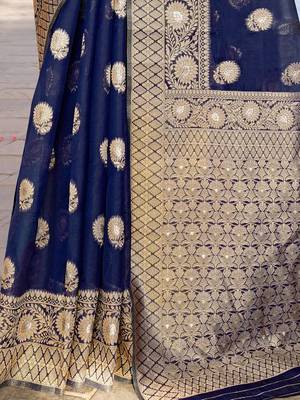 Navy blue ethnic motifs woven design zari detailed organza saree 5