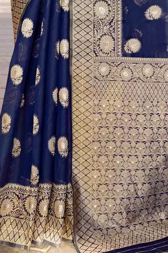 Navy blue ethnic motifs woven design zari detailed organza saree