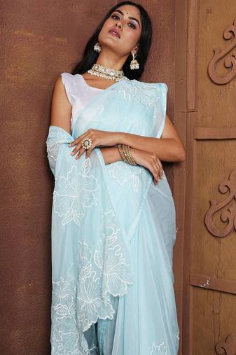 Blue floral organza saree with blouse
