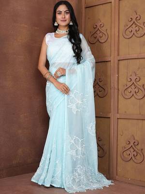 Blue floral organza saree with blouse 3
