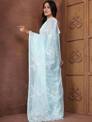 Blue floral organza saree with blouse 5