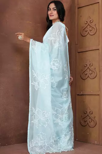 Blue floral organza saree with blouse