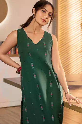 libas green woven design straight kurta set