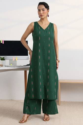 libas green woven design straight kurta set