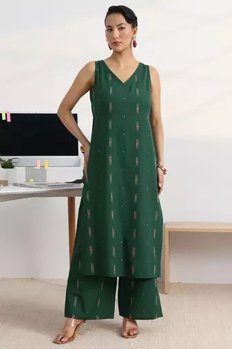 libas green woven design straight kurta set
