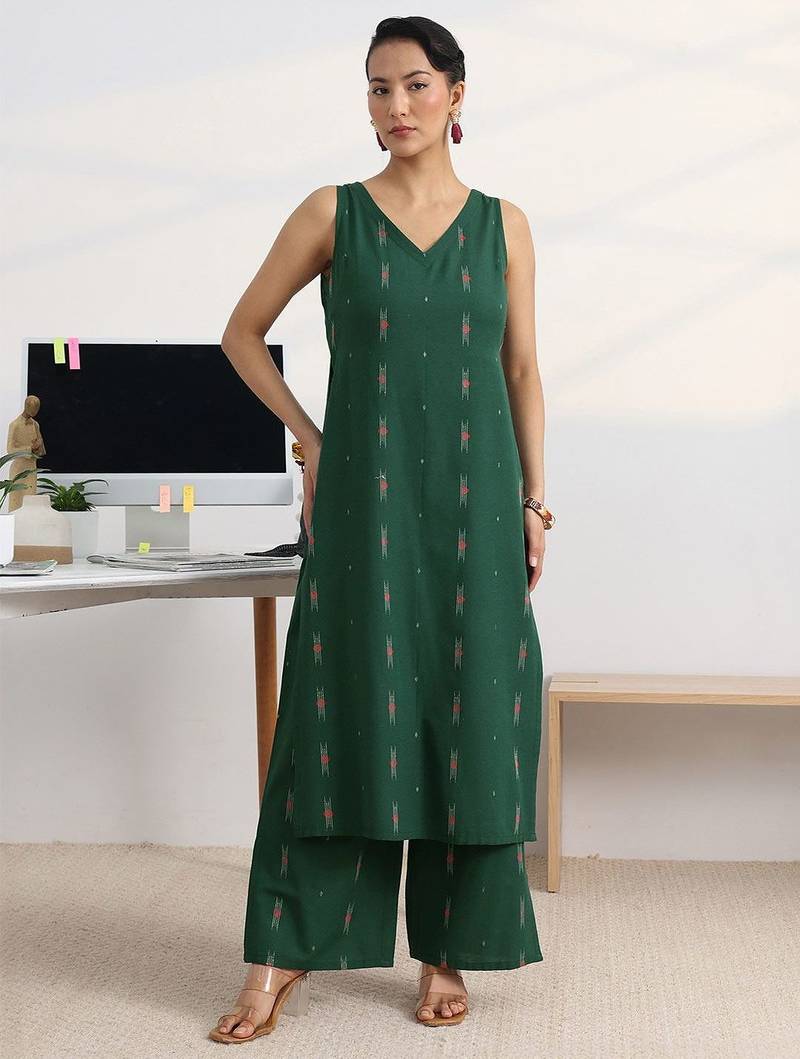 libas green woven design straight kurta set