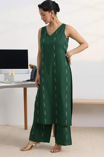 libas green woven design straight kurta set