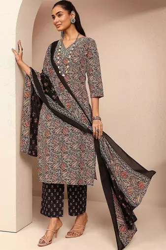 women ethnic motifs printed regular kurta with trousers & with dupatta