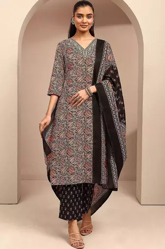 women ethnic motifs printed regular kurta with trousers & with dupatta