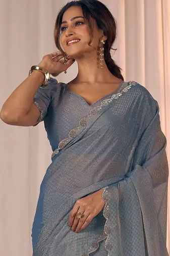 Blue women embellished beads and stones georgette saree
