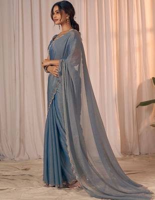 Blue women embellished beads and stones georgette saree 3