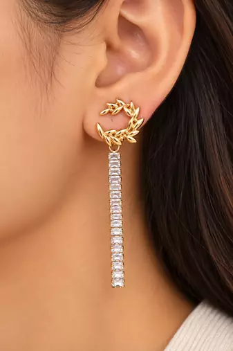Anti-tarnish, long dangling bar, crystal baguette stones, stud back closure, party wear