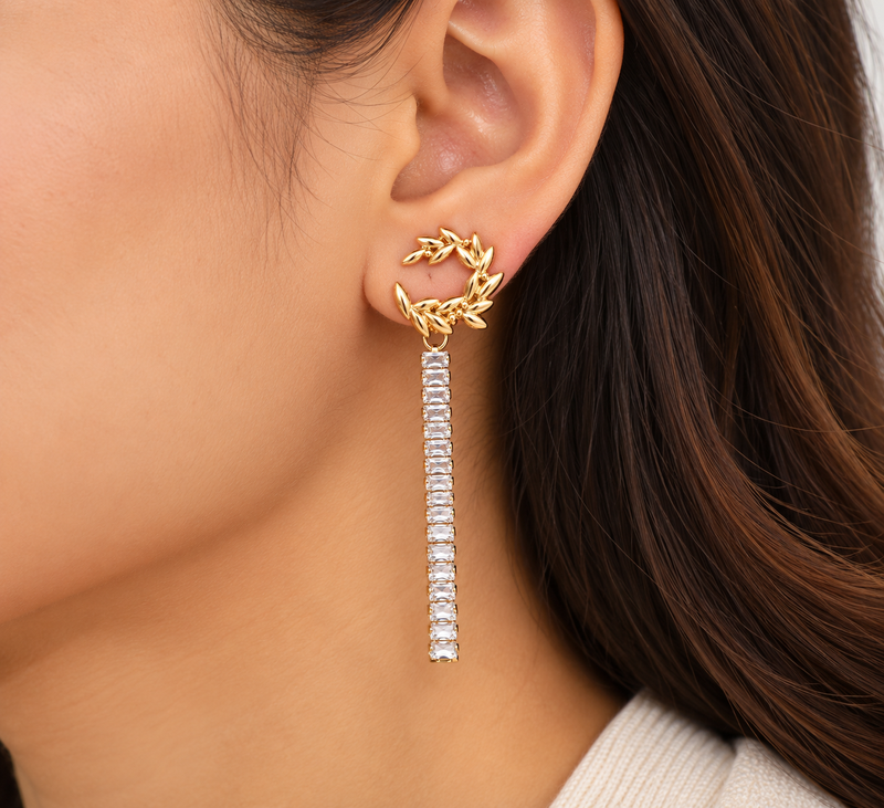 Anti-tarnish, long dangling bar, crystal baguette stones, stud back closure, party wear