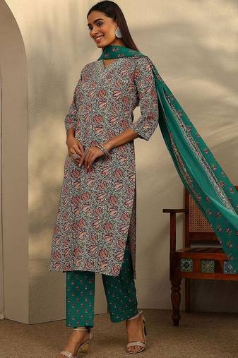 women floral printed regular kurta with trousers & with dupatta