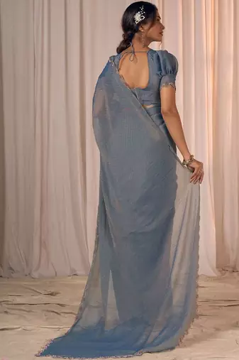Blue women embellished beads and stones georgette saree