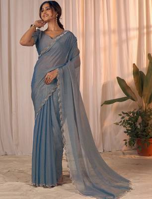 Blue women embellished beads and stones georgette saree 5