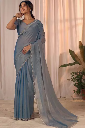 Blue women embellished beads and stones georgette saree