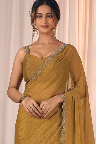Mustard women embellished beads & stones georgette designer saree