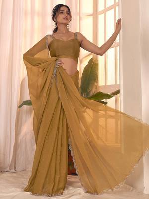 Mustard women embellished beads & stones georgette designer saree 2
