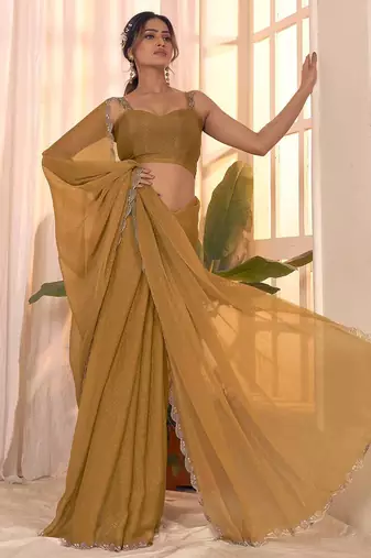 Mustard women embellished beads & stones georgette designer saree