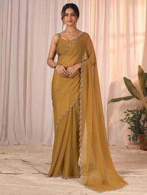 Mustard women embellished beads & stones georgette designer saree 3
