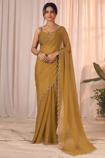 Mustard women embellished beads & stones georgette designer saree