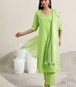 women ethnic motifs printed thread work kurta with trousers & dupatta