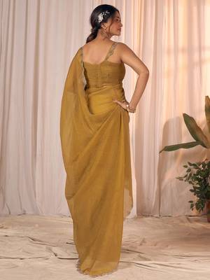 Mustard women embellished beads & stones georgette designer saree 4