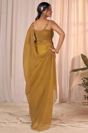 Mustard women embellished beads & stones georgette designer saree