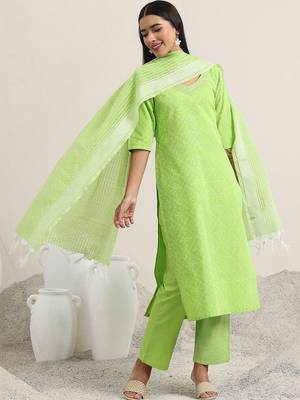 women ethnic motifs printed thread work kurta with trousers & dupatta 6
