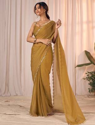 Mustard women embellished beads & stones georgette designer saree 5