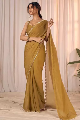 Mustard women embellished beads & stones georgette designer saree