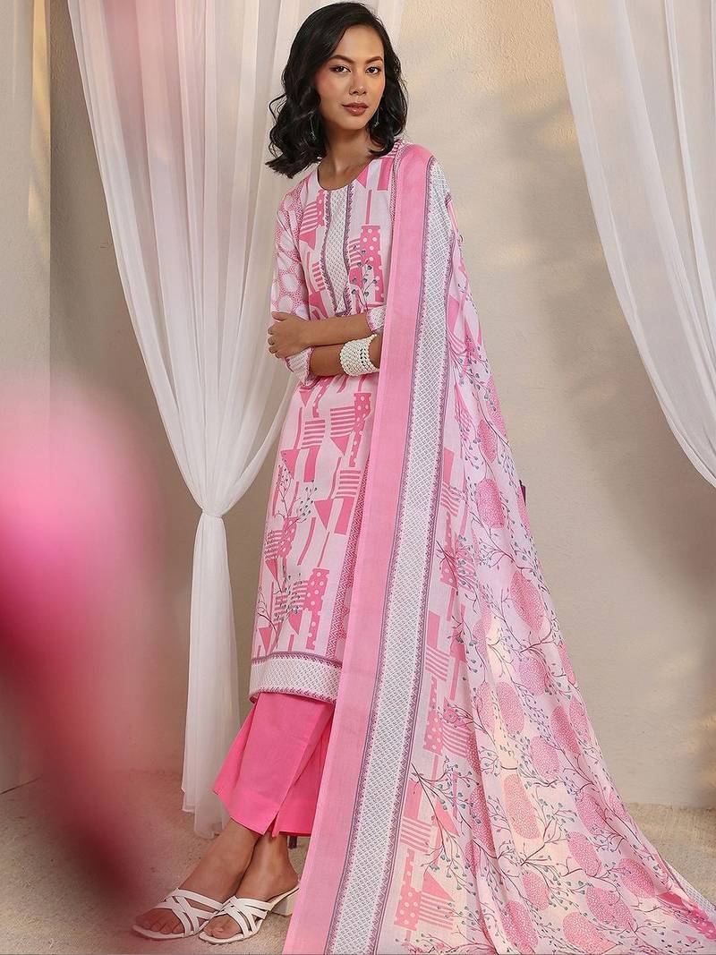libas pink geometric printed straight suit set with dupatta
