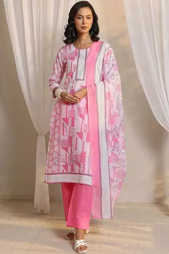 libas pink geometric printed straight suit set with dupatta
