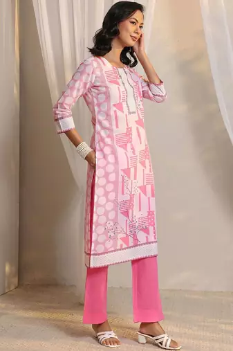 libas pink geometric printed straight suit set with dupatta
