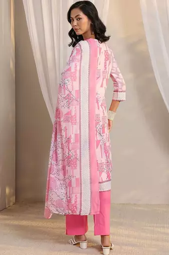 libas pink geometric printed straight suit set with dupatta