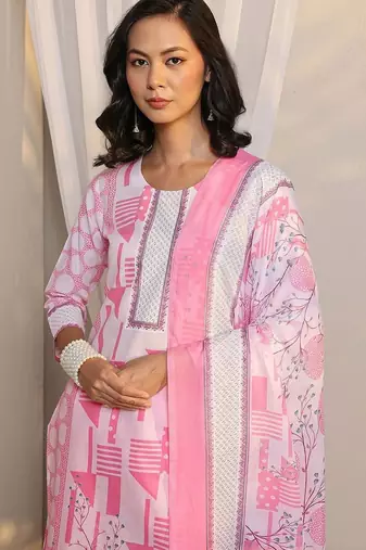 libas pink geometric printed straight suit set with dupatta