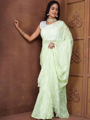 Green floral organza saree 1