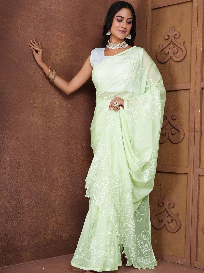 Green floral organza saree